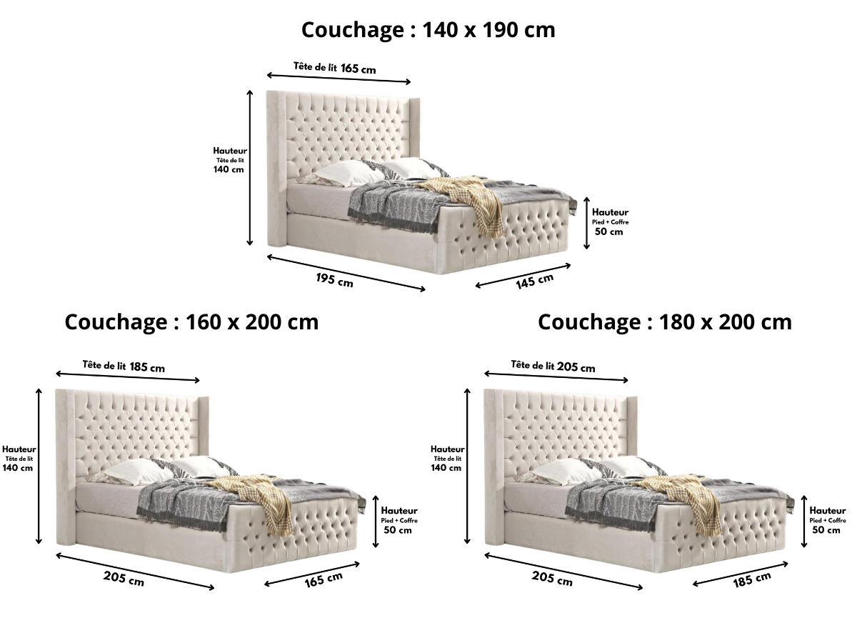 Cadre De Lit CLOUTE BEIGE - Velours capitonné