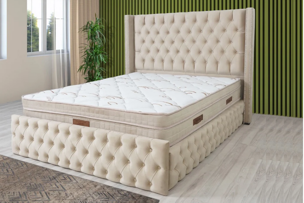 Cadre De Lit CLOUTE BEIGE - Velours capitonné