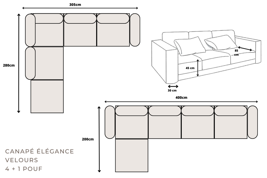 Canapé ELEGANCE Velours Modulable 4+1 Pouf