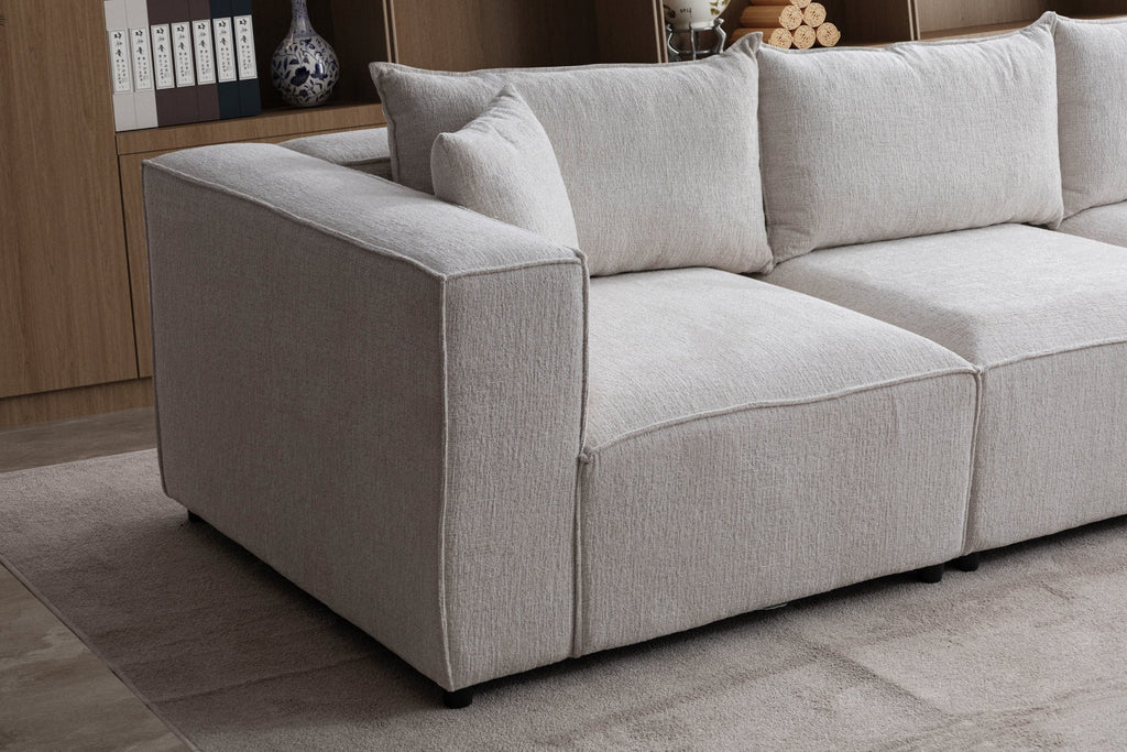 Canapé ELEGANCE Chenille Modulable Blanc Cassé 4+1 Pouf